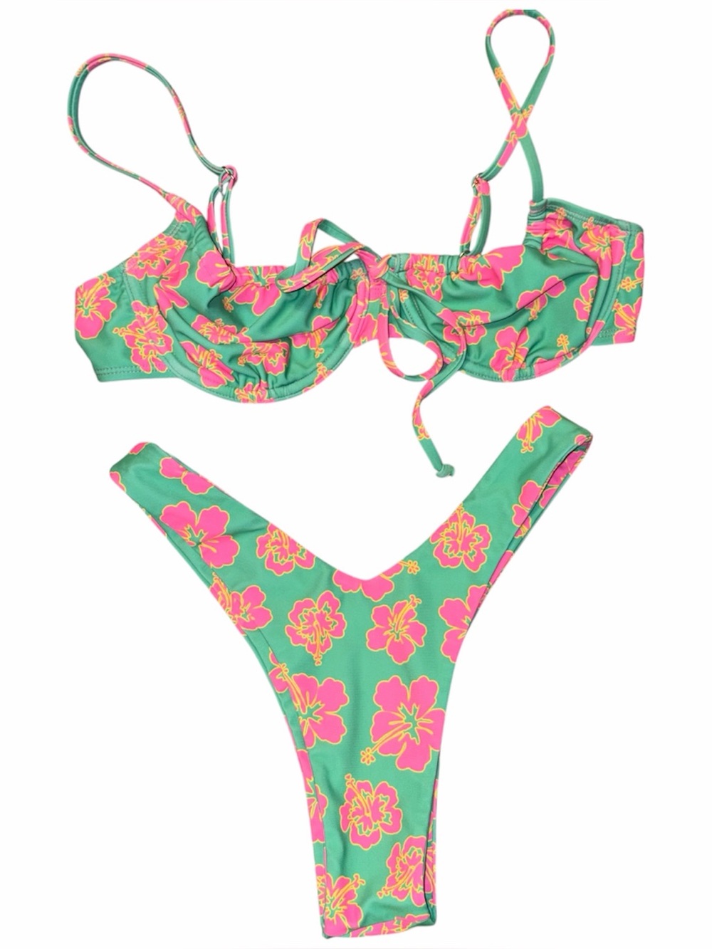 Kulani Kinis Melon Sorbet Bikini Set, Underwire Top & Bottoms, Green Pink Floral